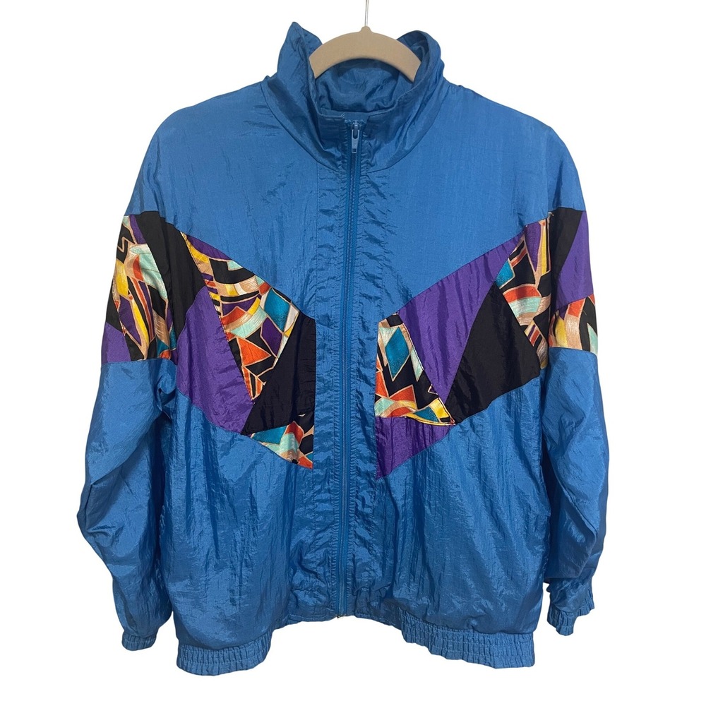 Boccoo Vintage 80s Geometric Print Windbreaker Jacket Blue Purple Size S